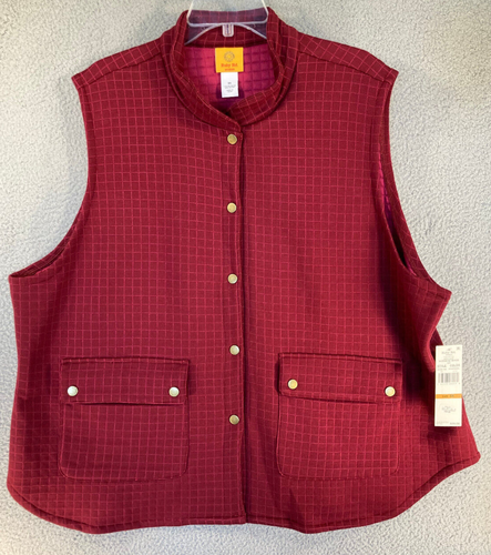 Ruby Rd. Vest Women's Plus 3X Burgundy/Red Snap Front Mock Neck Quilted Look NEW