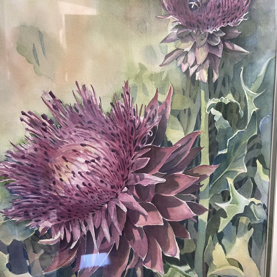 Pintura em aquarela original assinada por Susan Tait roxa floral cardo emoldurado - Imagem 4 de 4