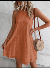 SHEIN VCAY Solid Eyelet Embroidery u Keyhole Back Halter Neck Dress Large