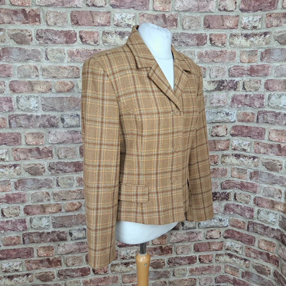 Chaqueta Benetton Tweed Marrón Cuadros Reino Unido 12 Manga Larga Lana Blazer Casa de Campo Foto 3 de 4