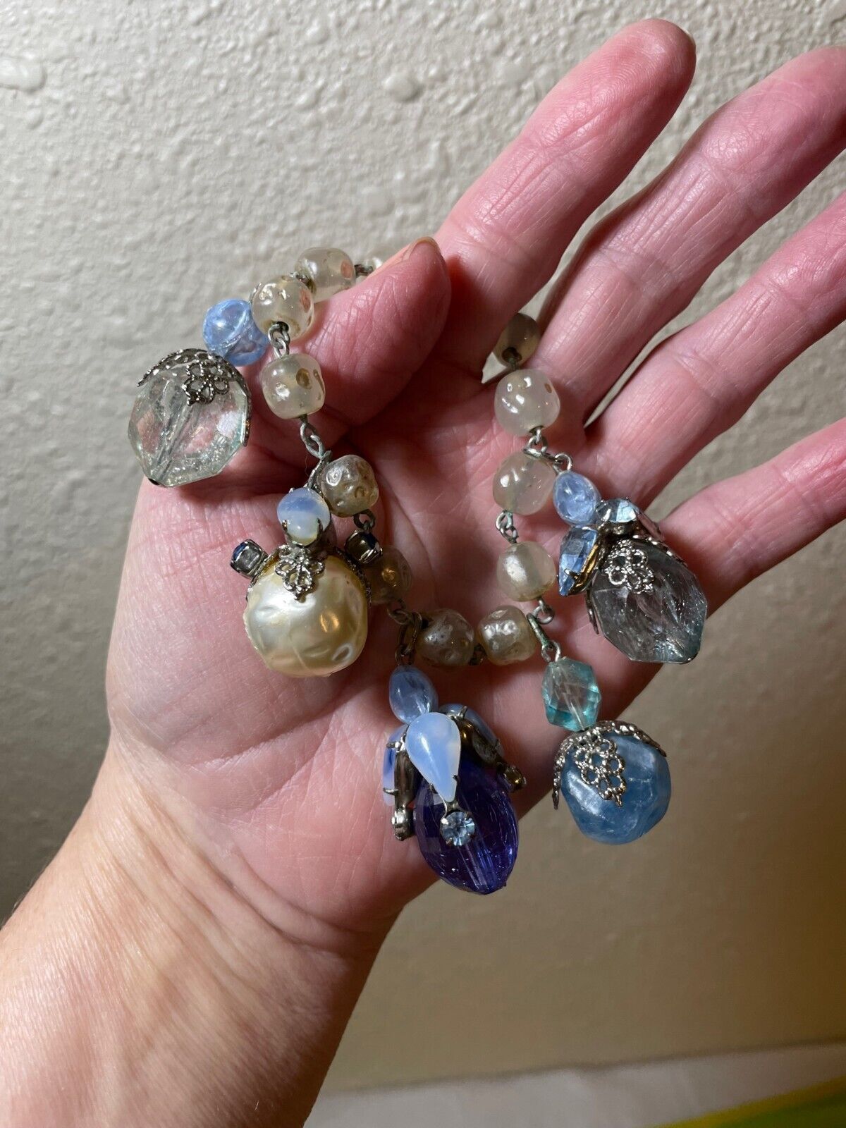 Vintage Pearl & Blue Stone Bead Dangle Bracelet, … - image 1