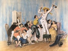 Hand-Colored Lithograph Teichel Signed Freudenhaus Celebrating People Party