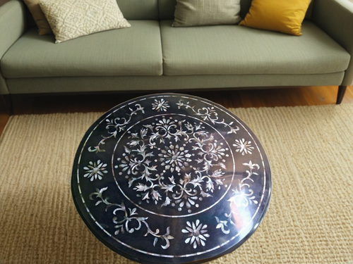 Black Marble Center Table with Mother of Pearl Inlay | Pietra Dura Floral Stone - Picture 3 of 15