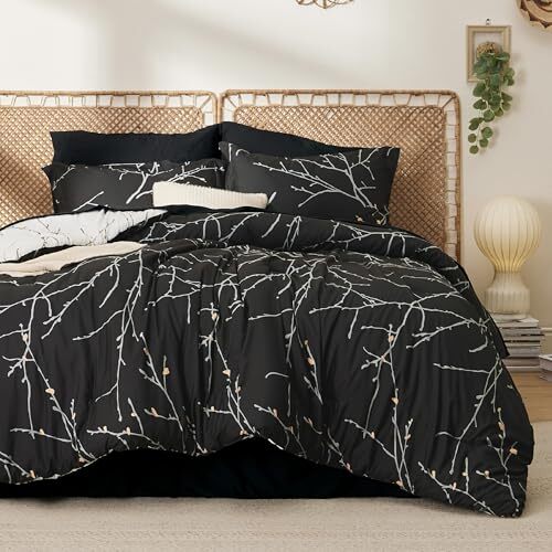 Comforter Set - 7 Pieces Bedding Sets Bed in a Bag with Floral Queen Black-image