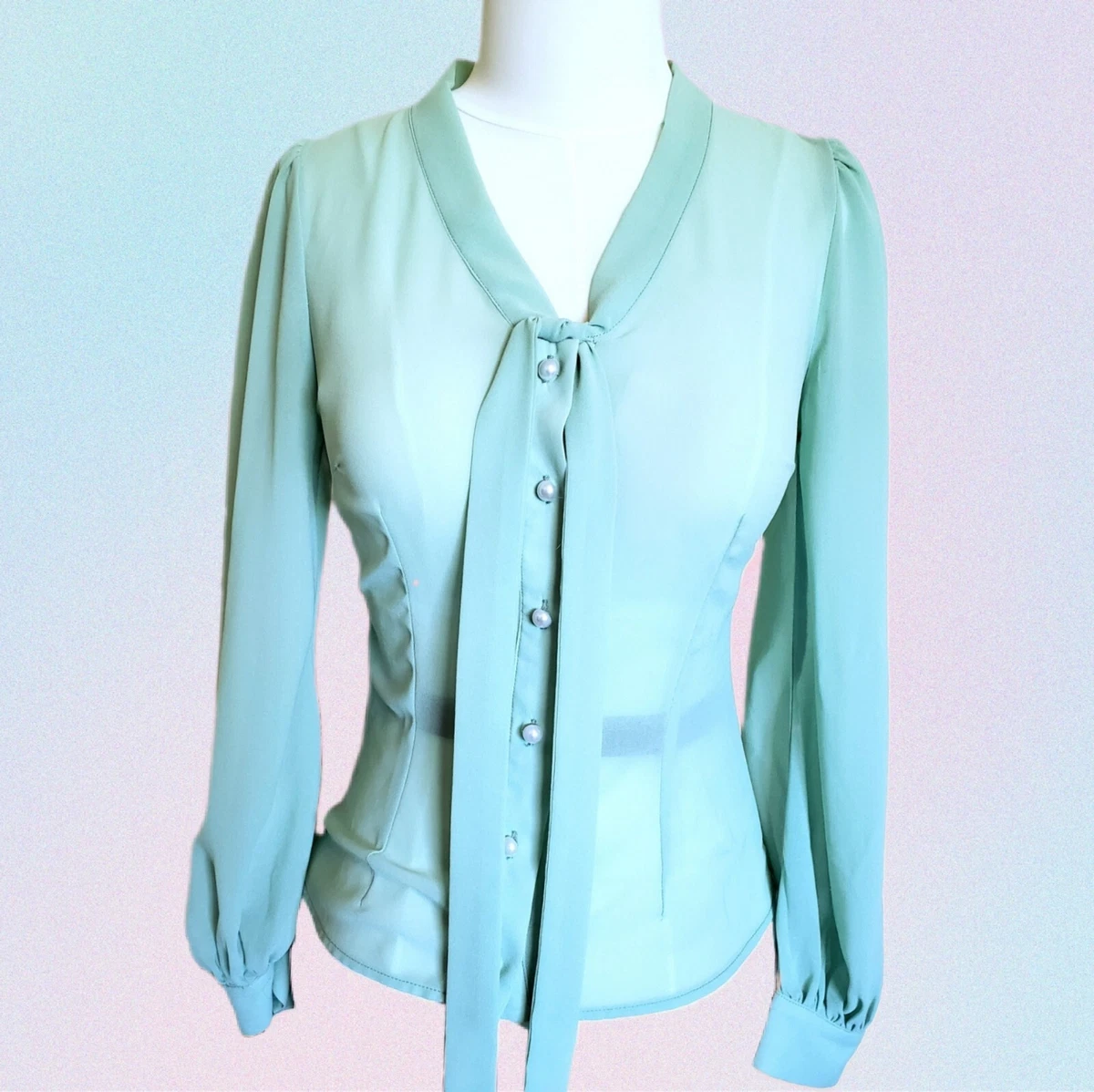 Collectif mint green blue sheer bishop sleeve blouse xs retro vintage repro