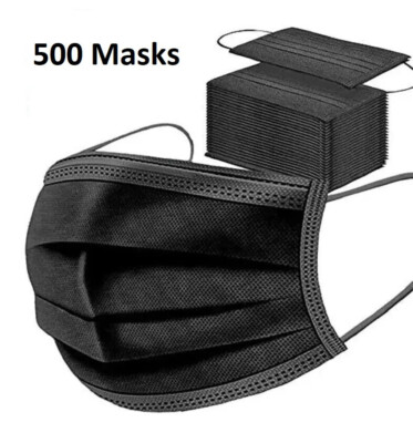 500 schwarze Gesichtsmasken 3-lagig weich atmungsaktiv Einweg nicht chirurgisch medizinisch UK