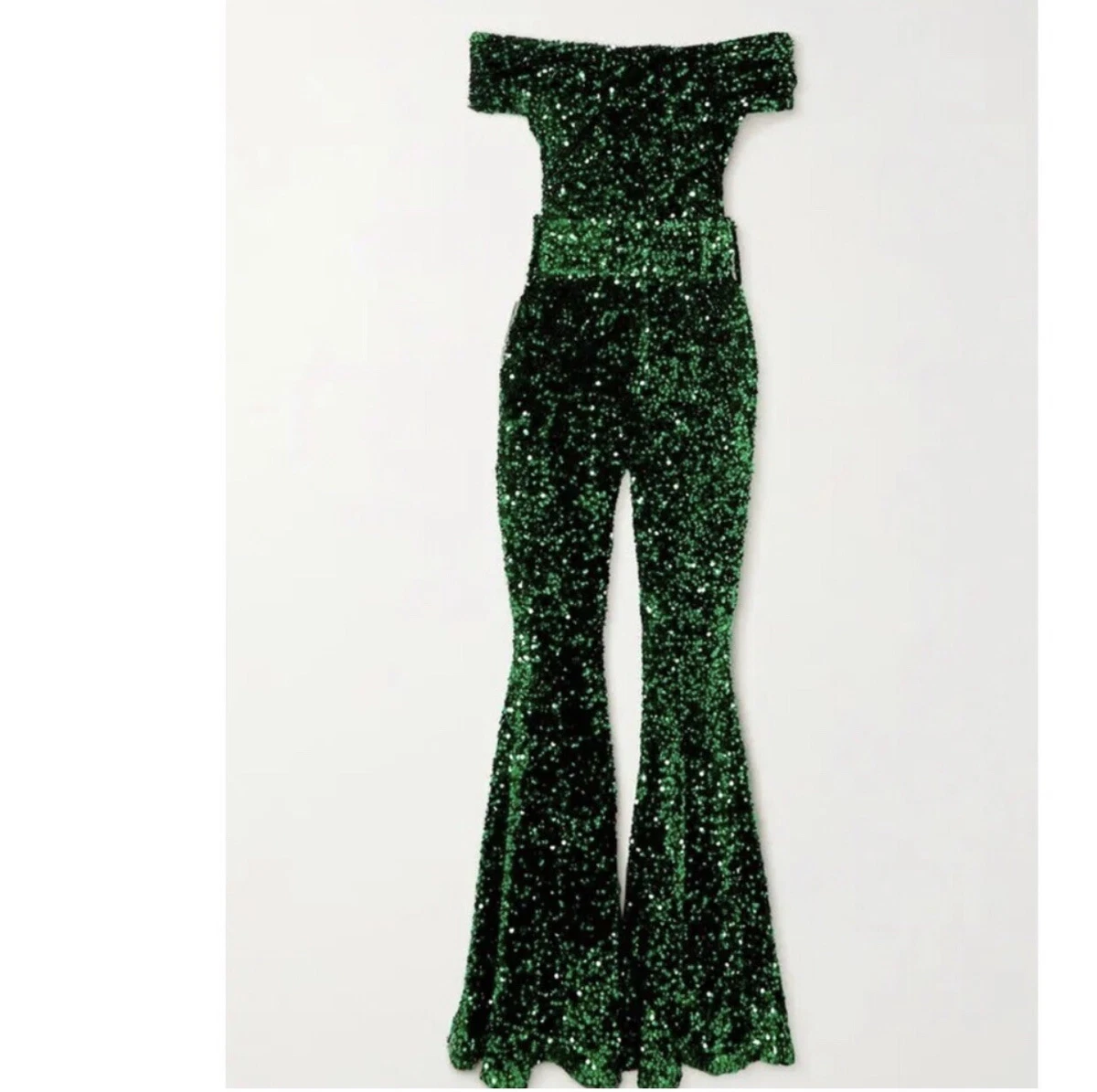 Richard quinn off the shoulder green sequin flare jumpsuit 6UK 2US