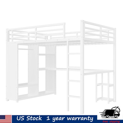 Queen Size Loft Bed with Wardrobe &Desk &Storage Shelves Metal Bed Frames White