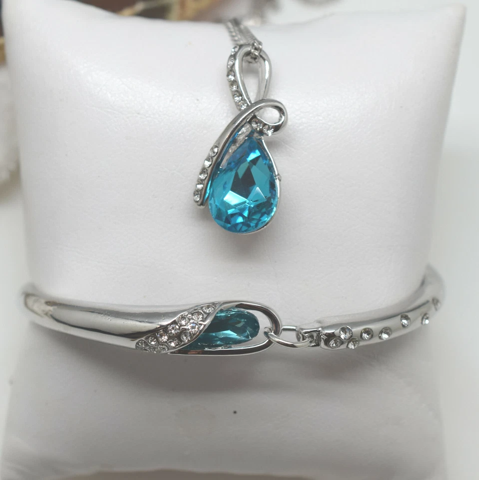Blue Teardrop Princess Cut CZ Necklace and Bracelet Set White Gold Filled - Image 2 of 4