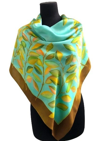 Silk Scarf Leaves Natural Motiv Silk Scarf Hand Painted Silk Scarf Anniversary.