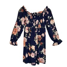 Xhilaration Floral 3/4 Sleeve Mini Dress in Blue - Size Medium