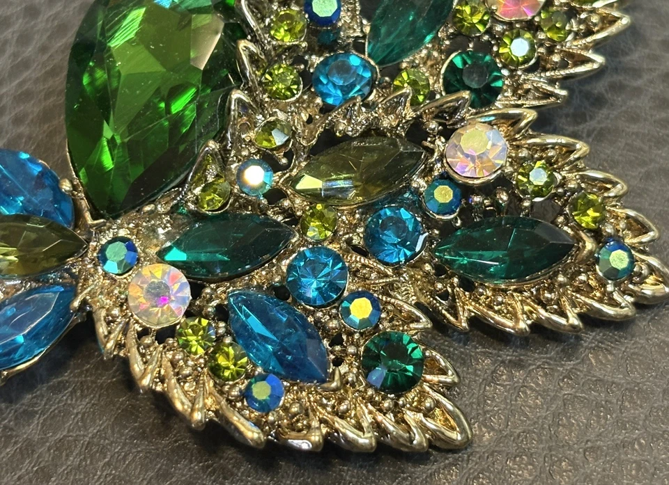 Large Huge Rhinestone Green & Blue Feather Leaf Gold Tone Brooch 4” - Image 4 of 4