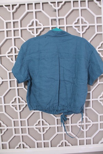 Top Athleta Mujer XL 100% LINO Azul Playa Camisa Atar Informal Recortado Colorido - Imagen 17 de 17