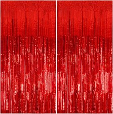 2 Pack Foil Curtain Backdrop Red Metallic Tinsel Foil Fringe Curtains Photo Boot