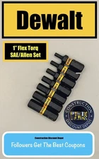 7 Piece Dewalt Flex Torq Hex Allen SAE 1" Insert Drill Bit Set ELITE