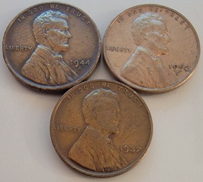 Lot of 3 Very Nice wheat pennies - 3 Different Decades - 1958 D 1944 S 1937 P