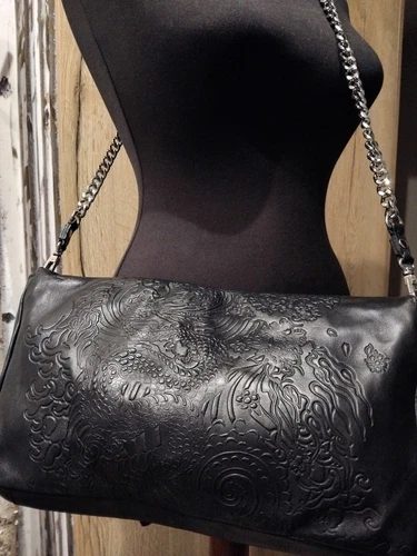 Jean Paul Gaultier Lindex Handbag Black Leather Embossed Tattoo Koi Fish Motif - Picture 5 of 13
