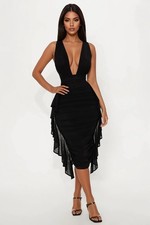 Black Fashion Nova Plunge Ruffle Midi Dress (small)
