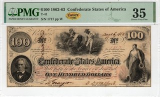 T 41 PF 1 1862 $100 Confederate Paper Money PMG Choice VF 35 Full Date
