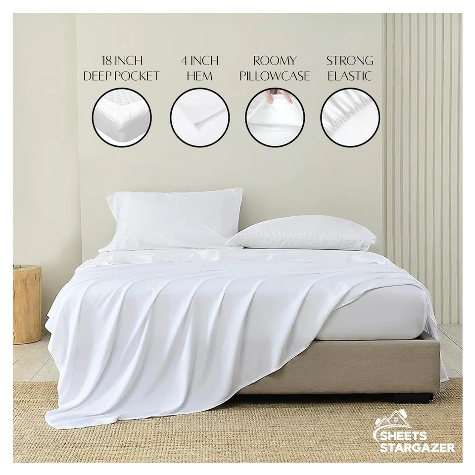 Conjunto de lençóis 100% algodão egípcio branco duplo XL, 4 peças, contagem de 1000 fios, 18... - Imagem 2 de 4