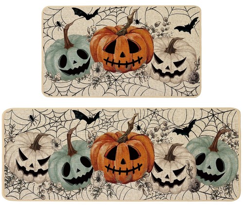 Halloween Kitchen Mats Set Of 2, Spooky Pumpkins Spider Web Ghost Mat Rug Low Profile Non Slip Absorbent Floor Fall Home Party Decor 17x29 17x47 Inch
