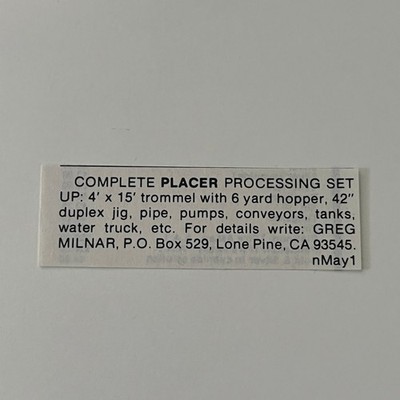 Complete Placer Processing Set Greg Milnar Lone Pine CA 1983 Mining Ad SAJ1-S32