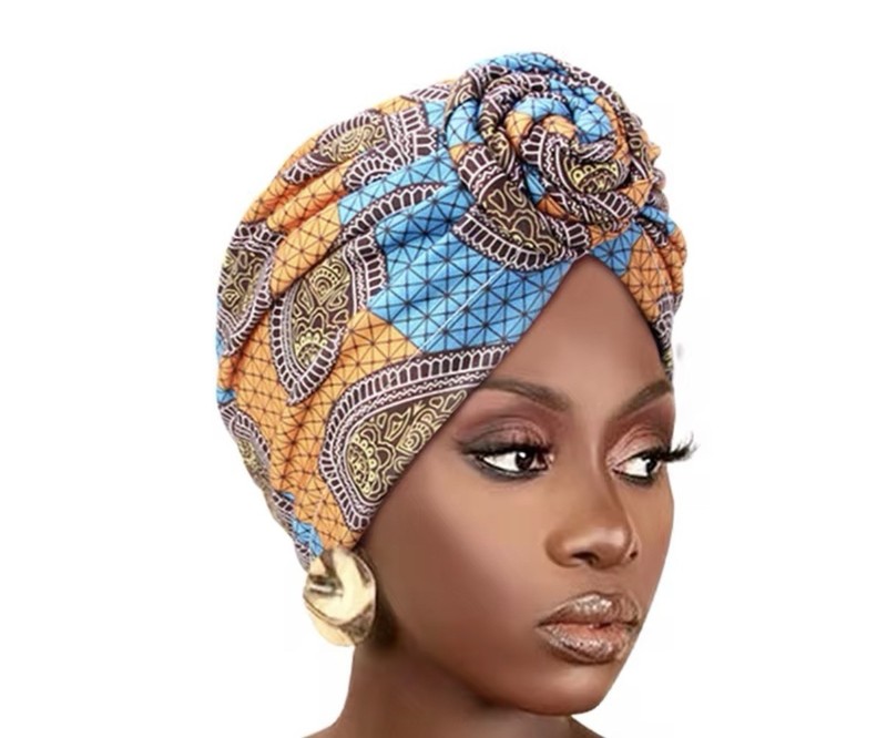 Women’s Blue Orange Black White Geometric Turban Headwrap Hat w/ Knot, One Size