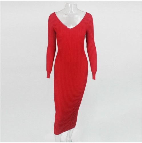 Women-Knitted-V-Neck-Basic-Slim-Ribbed-Long-Sleeve-Bodycon-Pencil-Midi-Dress-S