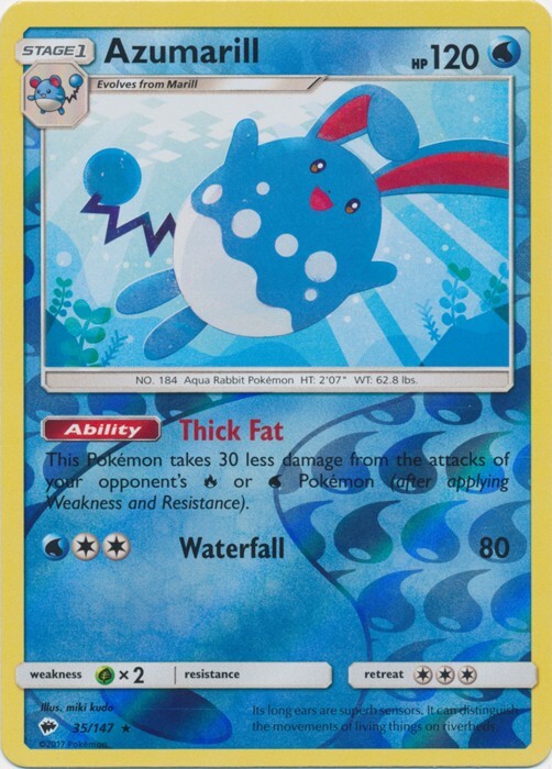 Reverse Holo Azumarill 35/147 Rare SM - Burning Shadows Pokemon TCG