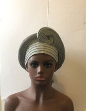 Aso-Oke African Headtie Auto Gele, Silver dami headwear