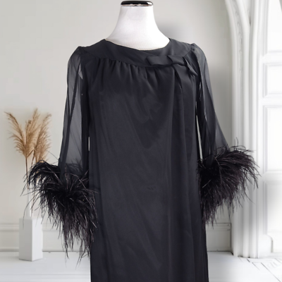 Vintage 60s Black Silk Chiffon Wrap Dress Ostrich Feather Trim Bell Sleeves 