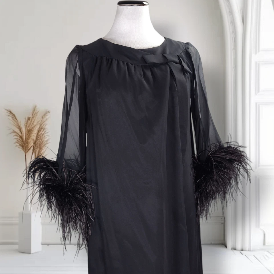 Vintage 60s Black Silk Chiffon Wrap Dress Ostrich Feather Trim Bell Sleeves - Image 2 of 4