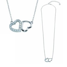 Sterling Silver Necklace w/ Double Open Hearts Cubic Zirconia Stones Pendant