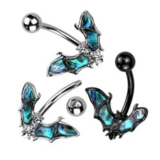 Surgical Steel Bat Belly Bar Button Ring with Abalone Shell Wings 1.6mm x 10mm