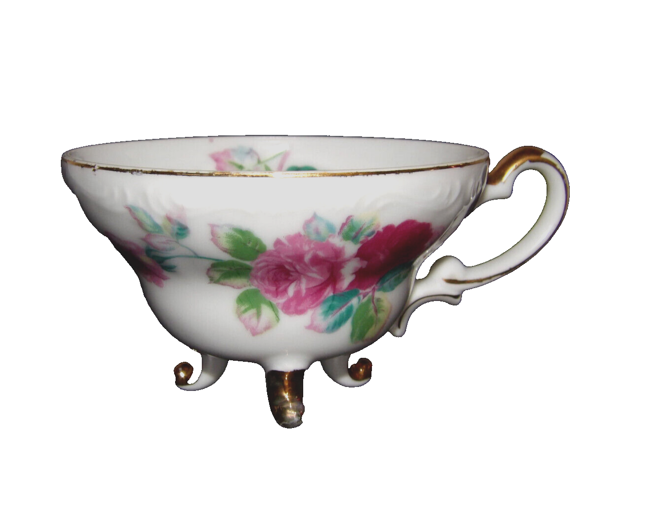 UCAGCO China 3 Leg Tea Cup and Saucer Set Pink Flower Roses Gold Trim