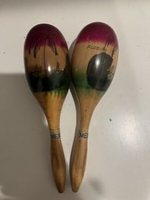 Pair of 2 Vintage Hand Painted Mexican Maracas Wooden Shakers w/Scene Design