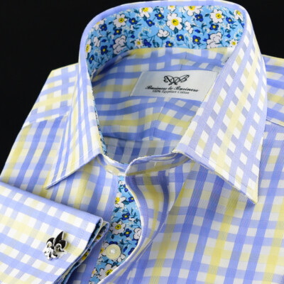 blue and yellow mens dress shirt Non-Iron Cotton Glen Plaid Dress Shirt With Contrast Trim