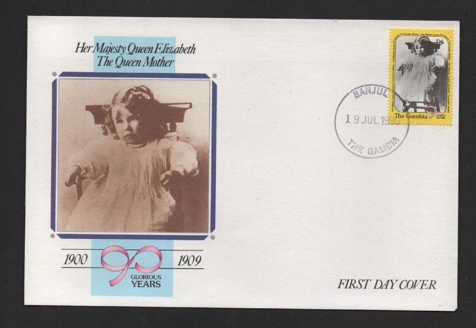 GAMBIA 1990 SET DE 4 FDC sin dirección 90º CUMPLEAÑOS REINA MADRE Foto 3 de 4