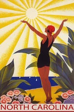 North Carolina Beach Woman Saluting the Sun Travel Vintage Poster Repro FREE S/H