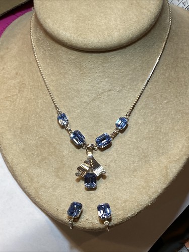 VINTAGE SIGNED VAN DELL STERLING EMERALD CUT BLUE STONES LAVALIER NECKLACE SET - Picture 2 of 23