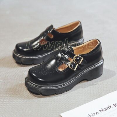 Retro Women Pumps Round Toe Student Girl Platform T-Strap Buckle Shoes Footwear