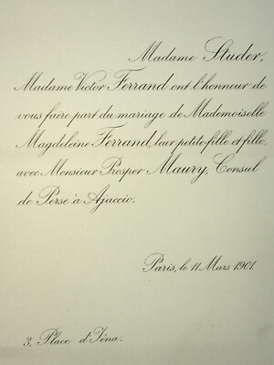 STUDER Magdeleine Ferrand FAIRE PART WEDDING Prosper Maury Ajaccio 1901