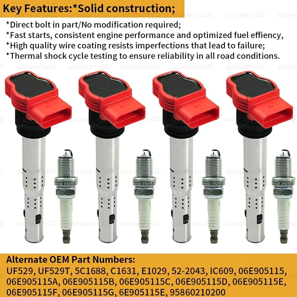 4 bobinas de encendido + 4 bujías aptas para Tiguan CC 2009-2016 2,0 L l4 Foto 3 de 4