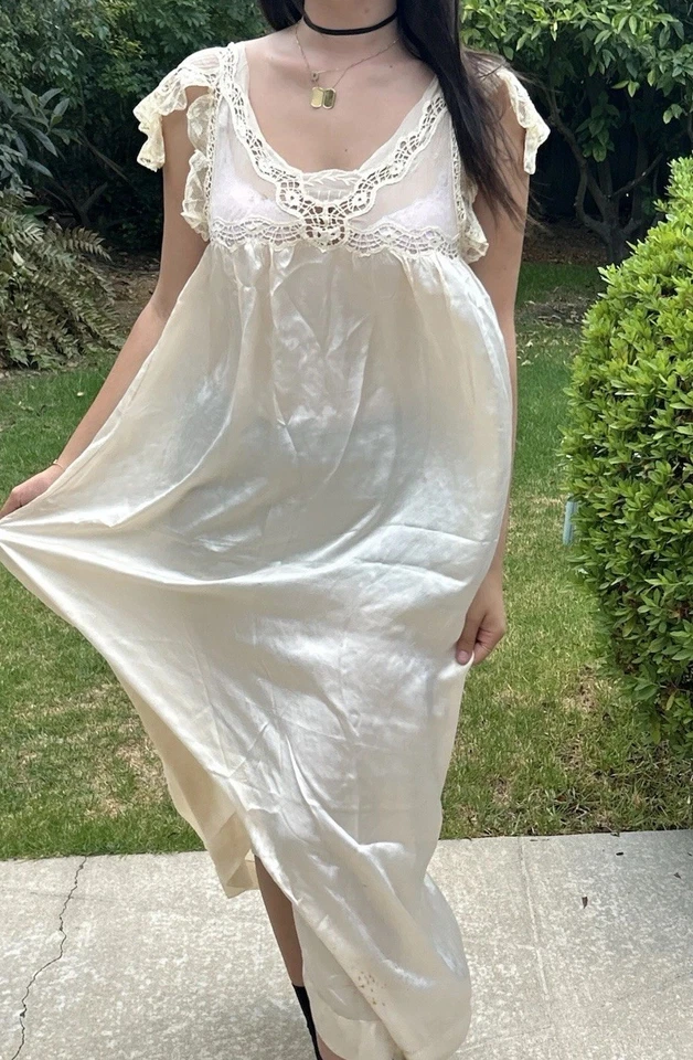 Antique 20s 30s L XL Silk Long Nightgown Slip Dress Lace - Image 3 of 4