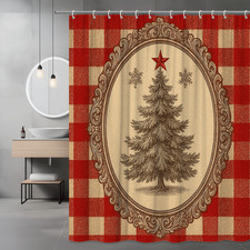 Vintage Christmas Shower Curtain with Tree and Red Plaid Design