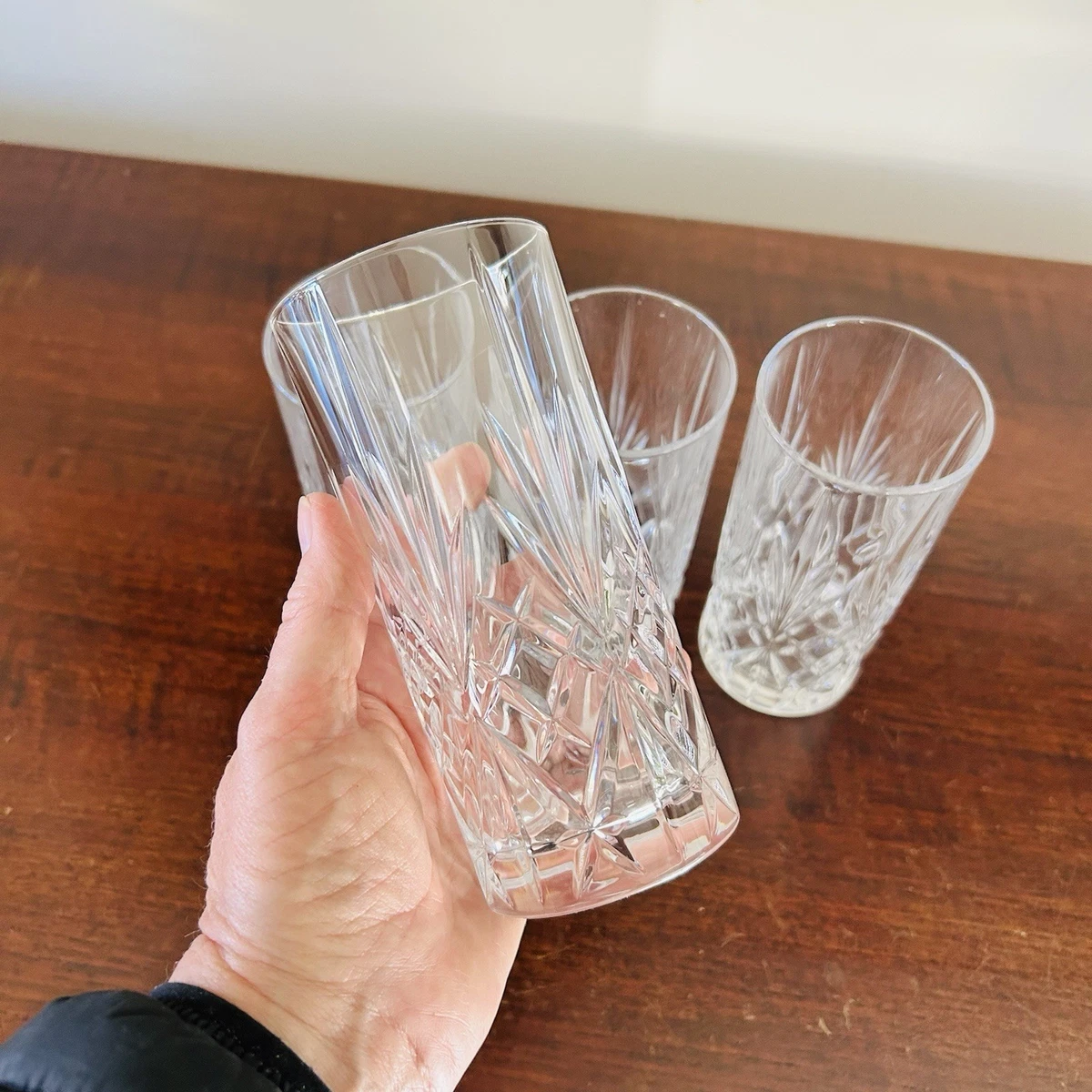 Set 4 Cut Crystal Highball Glasses Diamond Starburst Tumbler Barware Vintage