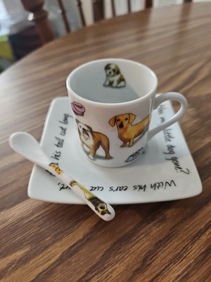 Dogs Mini China Mug 2 1/8  Saucer And Spoon.Mans best friend Paul Casdew.