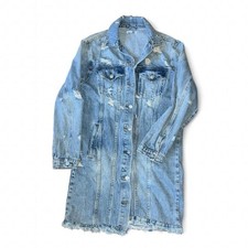 Woman's Light Blue Distressed Long Jean Jacket SZ S