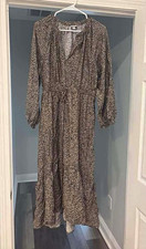 Women's Brown/Black Leopard Animal Print V-Neck Ruffle Midi Dress Size M