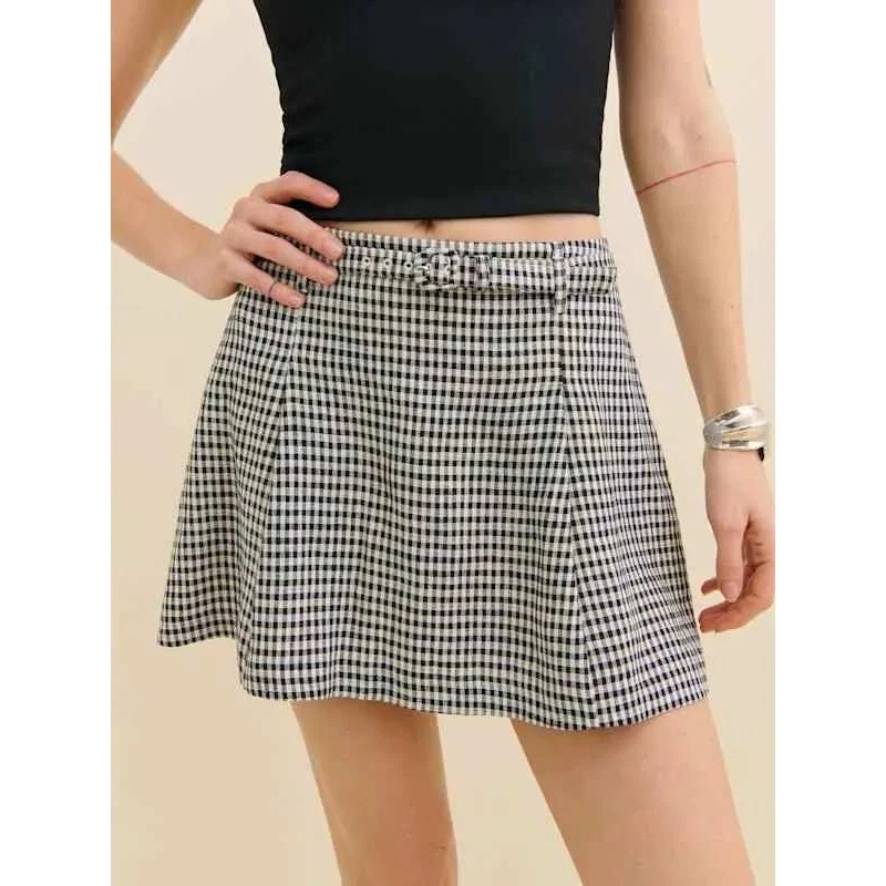 Reformation Rory Linen Skirt Remy Check Black White Gingham Mini Belted Size 10